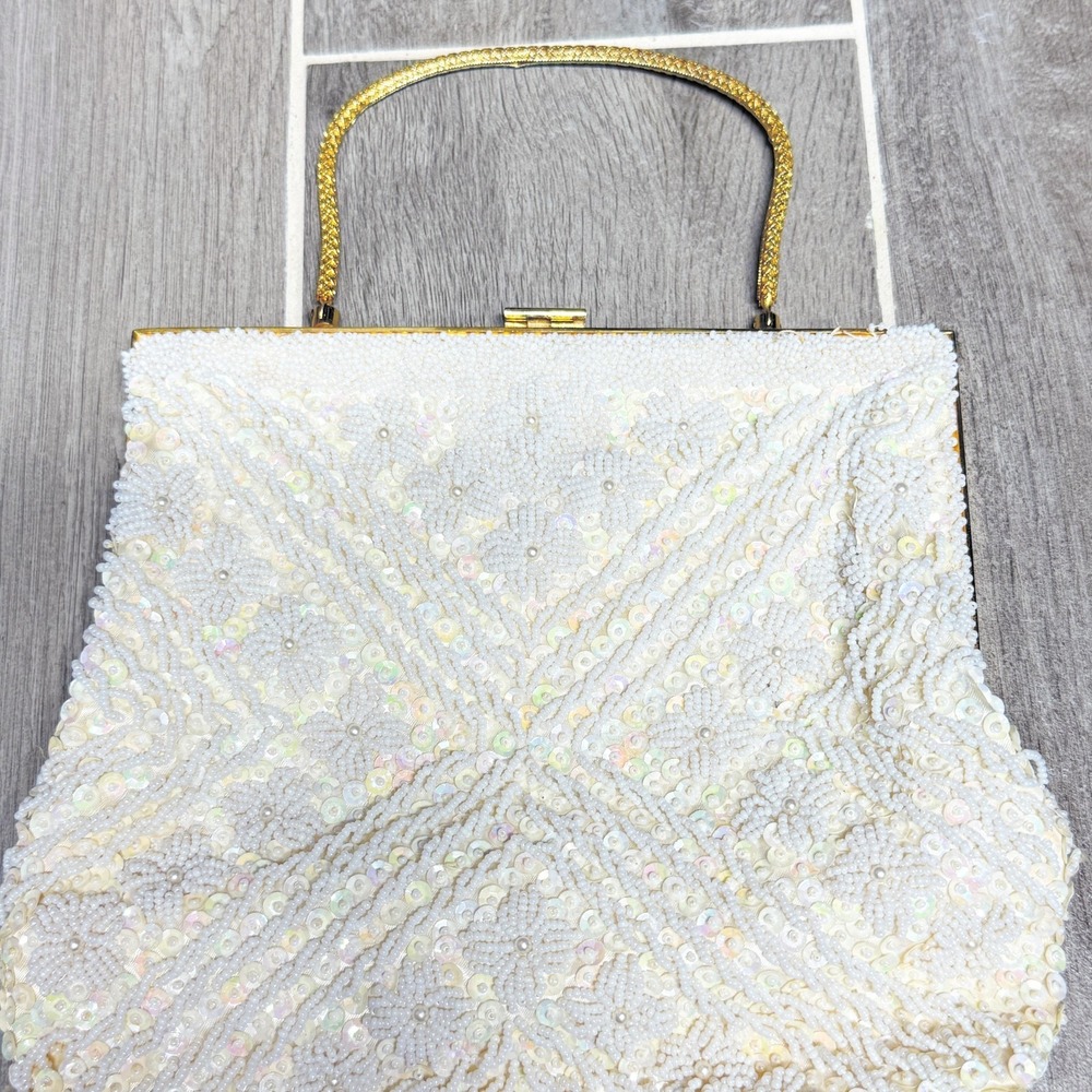 Vintage Dena Of Dallas Top Handle Bag Womens Small White Beaded Satin Wedding